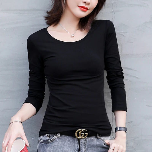 Chic Long Sleeve V-Neck Cotton T-Shirts