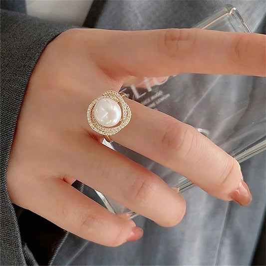Luxury Micro Pave Pearl Flower Twist Ring