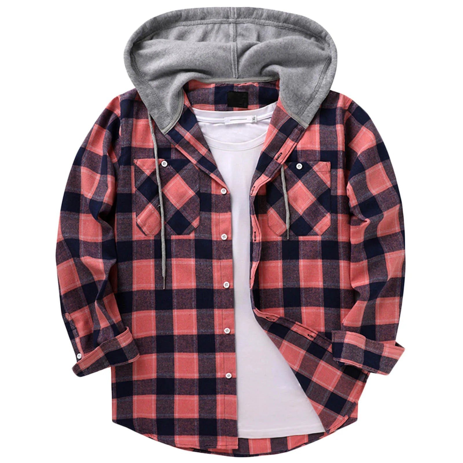 Men's Casual Plaid Flannel Hooded Shirt