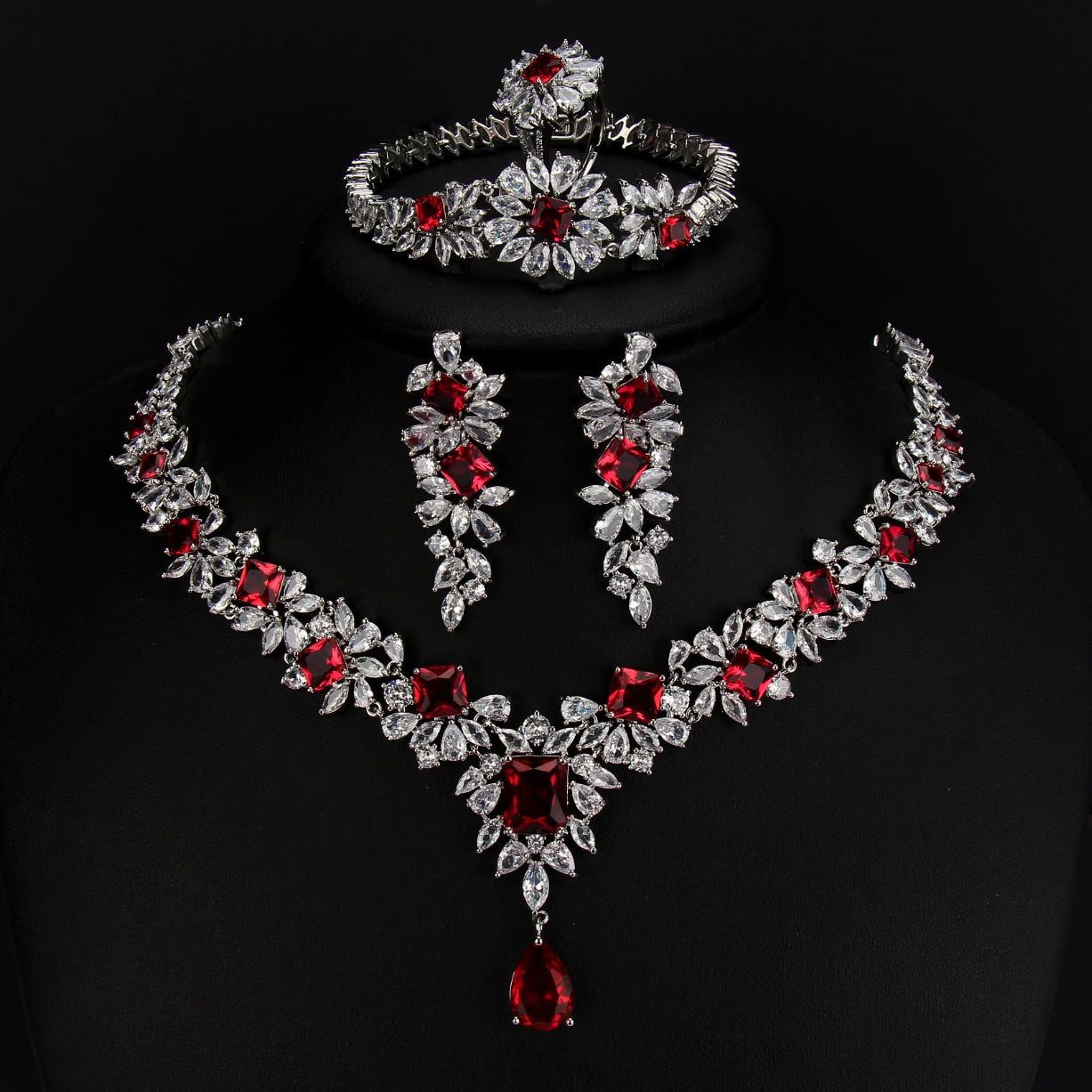 Luxury Retro Red Zirconia Wedding Jewelry Set