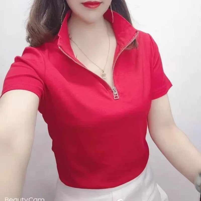 Trendy Slim Fit Red Cotton T-Shirt for Women