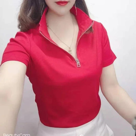Trendy Slim Fit Red Cotton T-Shirt for Women