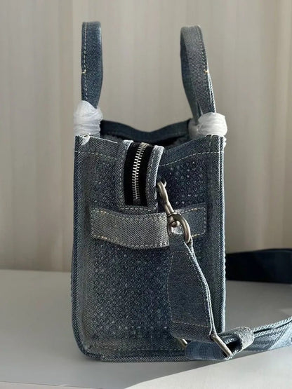 2024 Color Blocked Rhinestone Denim Tote Bag