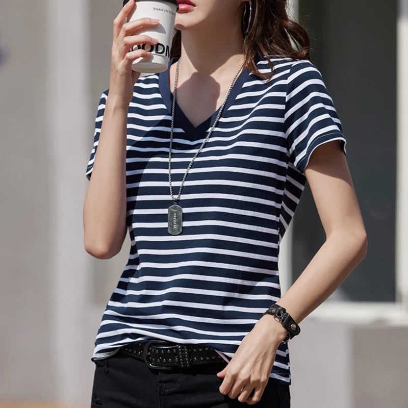 Women's Striped V-Neck Cotton Summer T-Shirt