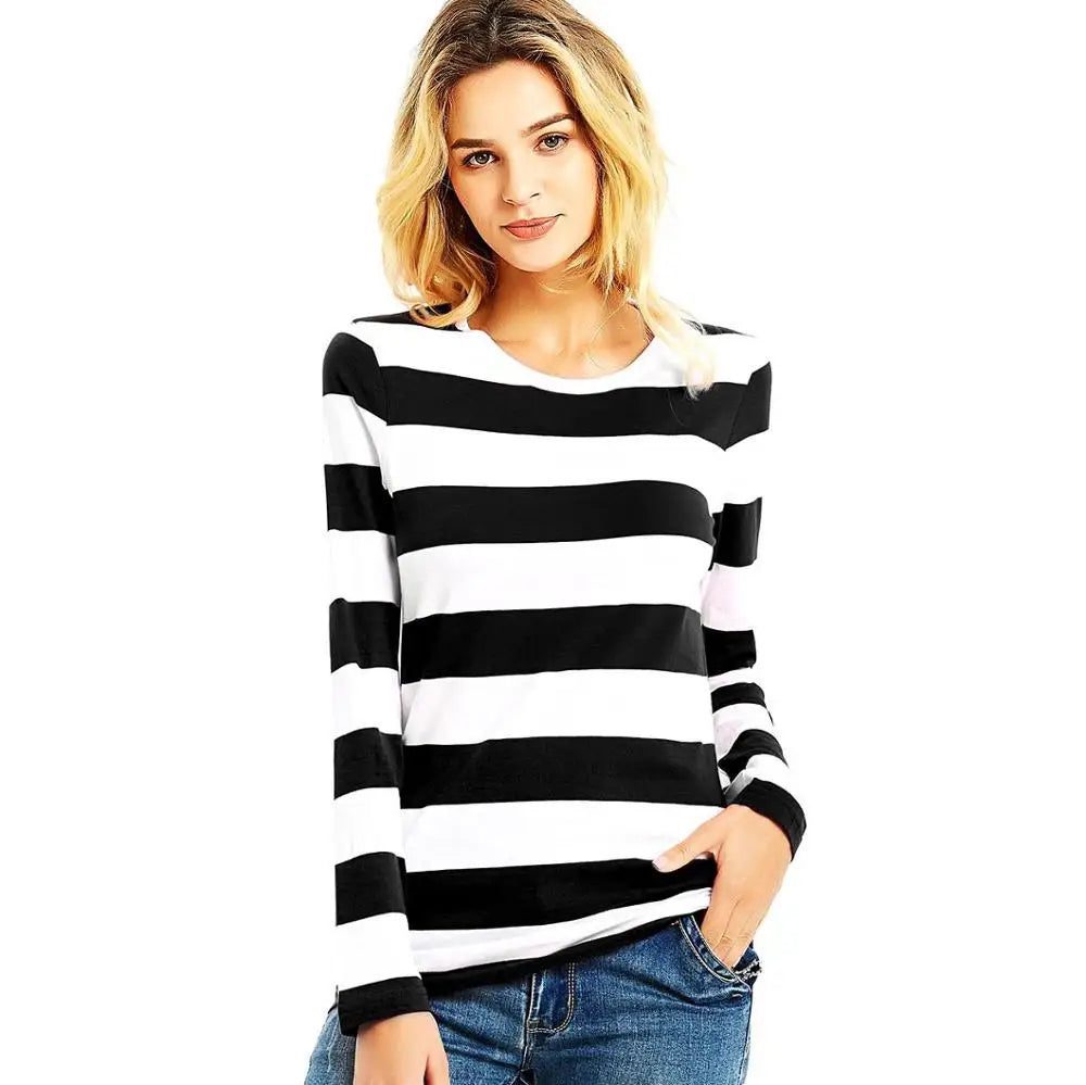 Women's Red White Striped Long Sleeve Tee