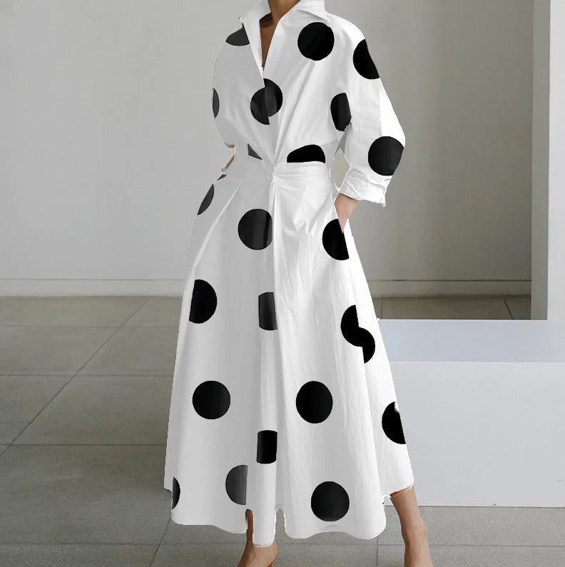 Elegant V Neck Polka Dot Midi Dress