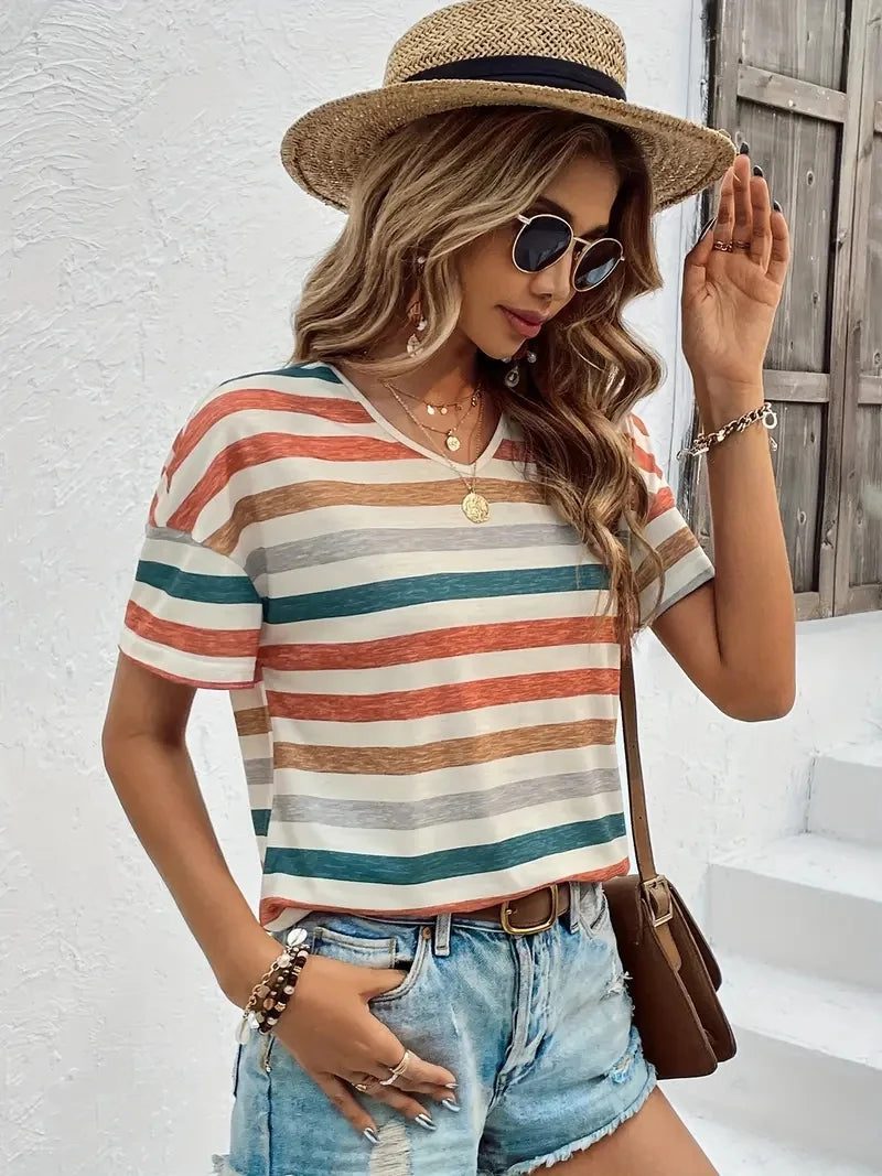 Vintage Striped V-Neck T-Shirt for Women