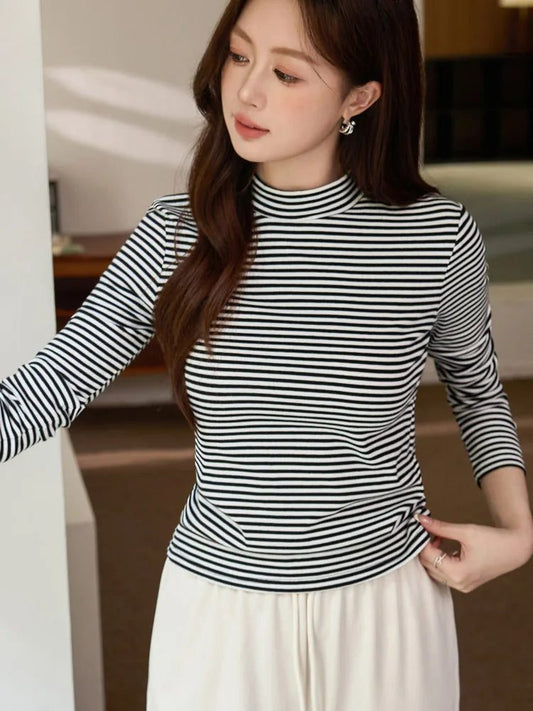 Women's Striped Cotton T-Shirt with Turtleneck