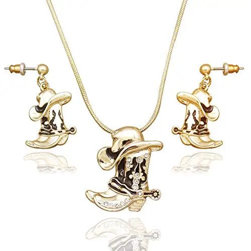 Western Cowgirl Hat Necklace Earring Jewelry Set