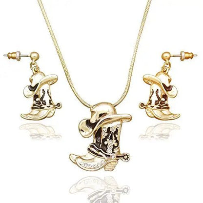 Western Cowgirl Hat Necklace Earring Jewelry Set