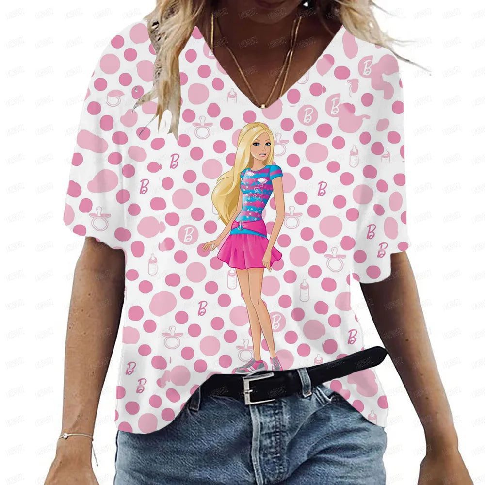 Pink V-Neck Casual T-Shirt for Women