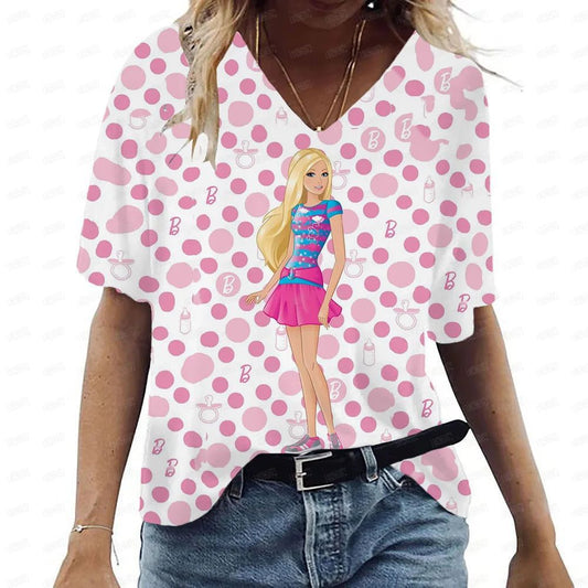 Pink V-Neck Casual T-Shirt for Women