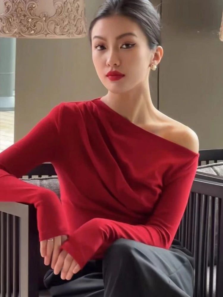 Red Off Shoulder Cotton T-Shirts for Women