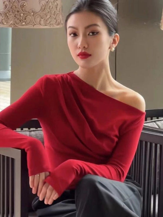 Red Off Shoulder Cotton T-Shirts for Women