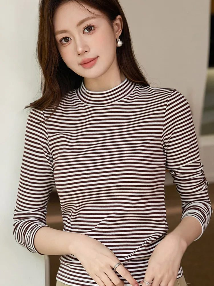 Women's Striped Cotton T-Shirt with Turtleneck