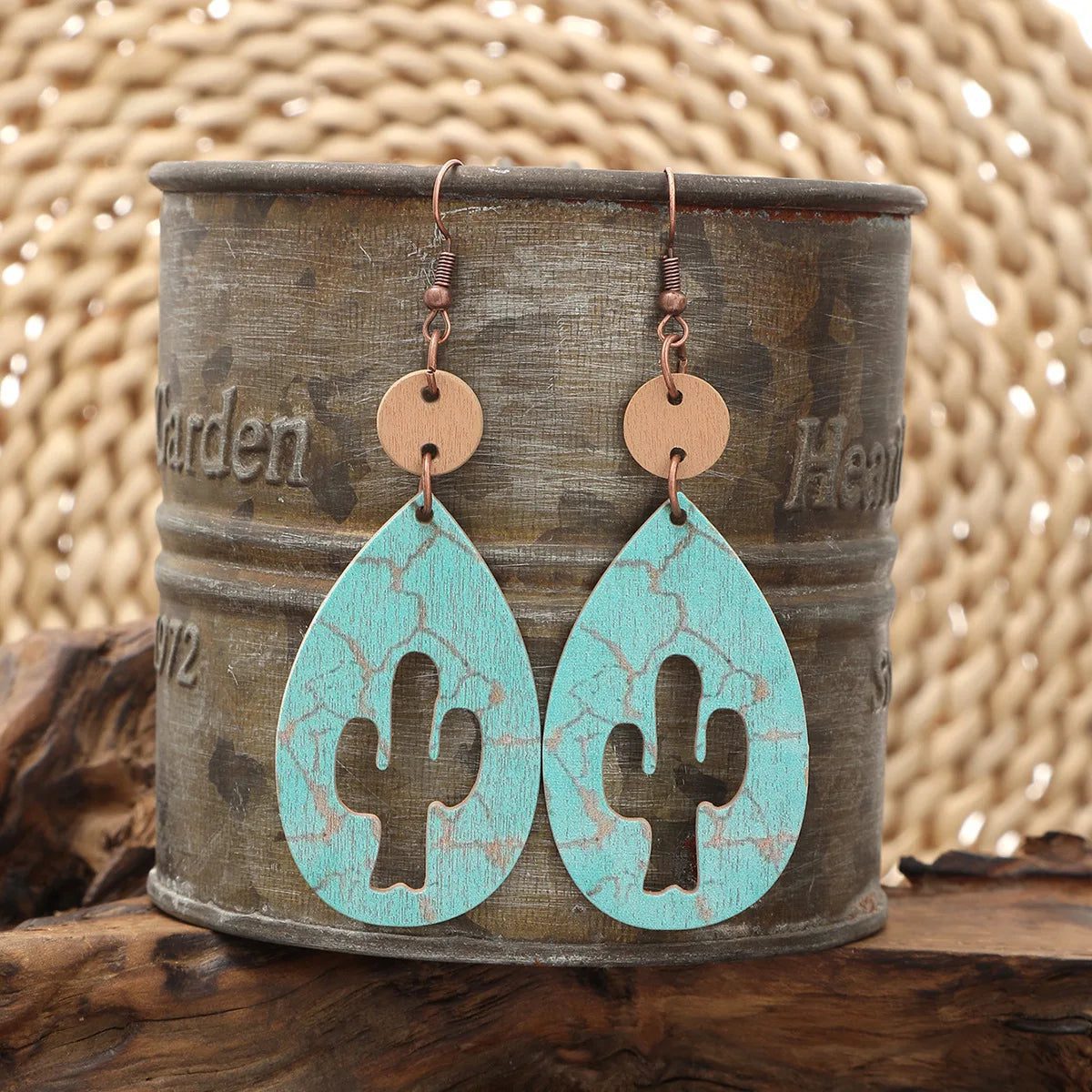 Western Cowboy Wooden Earrings with Cactus Design