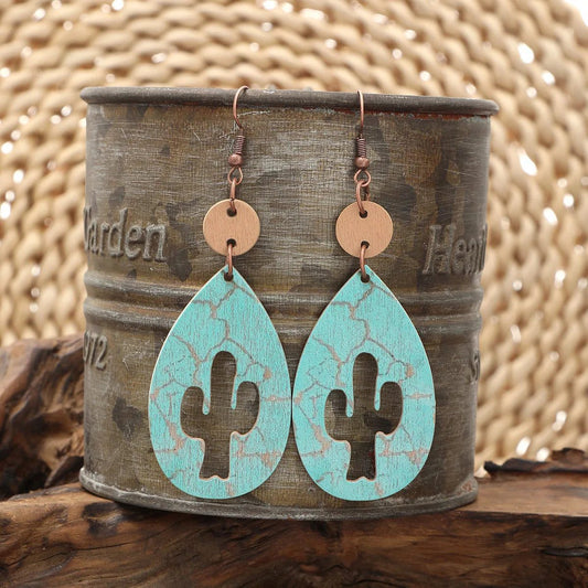 Western Cowboy Wooden Earrings with Cactus Design