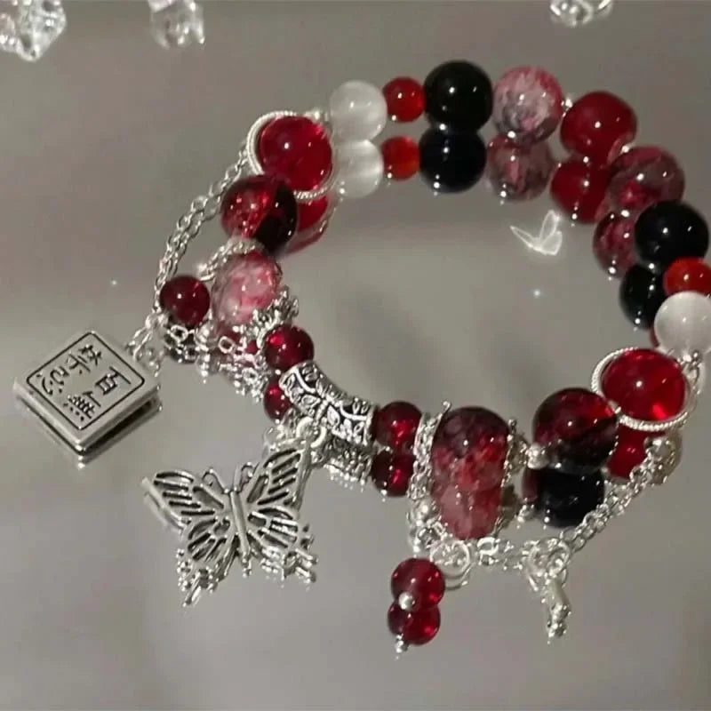 Vintage Red Beaded Butterfly Pendant Bracelet