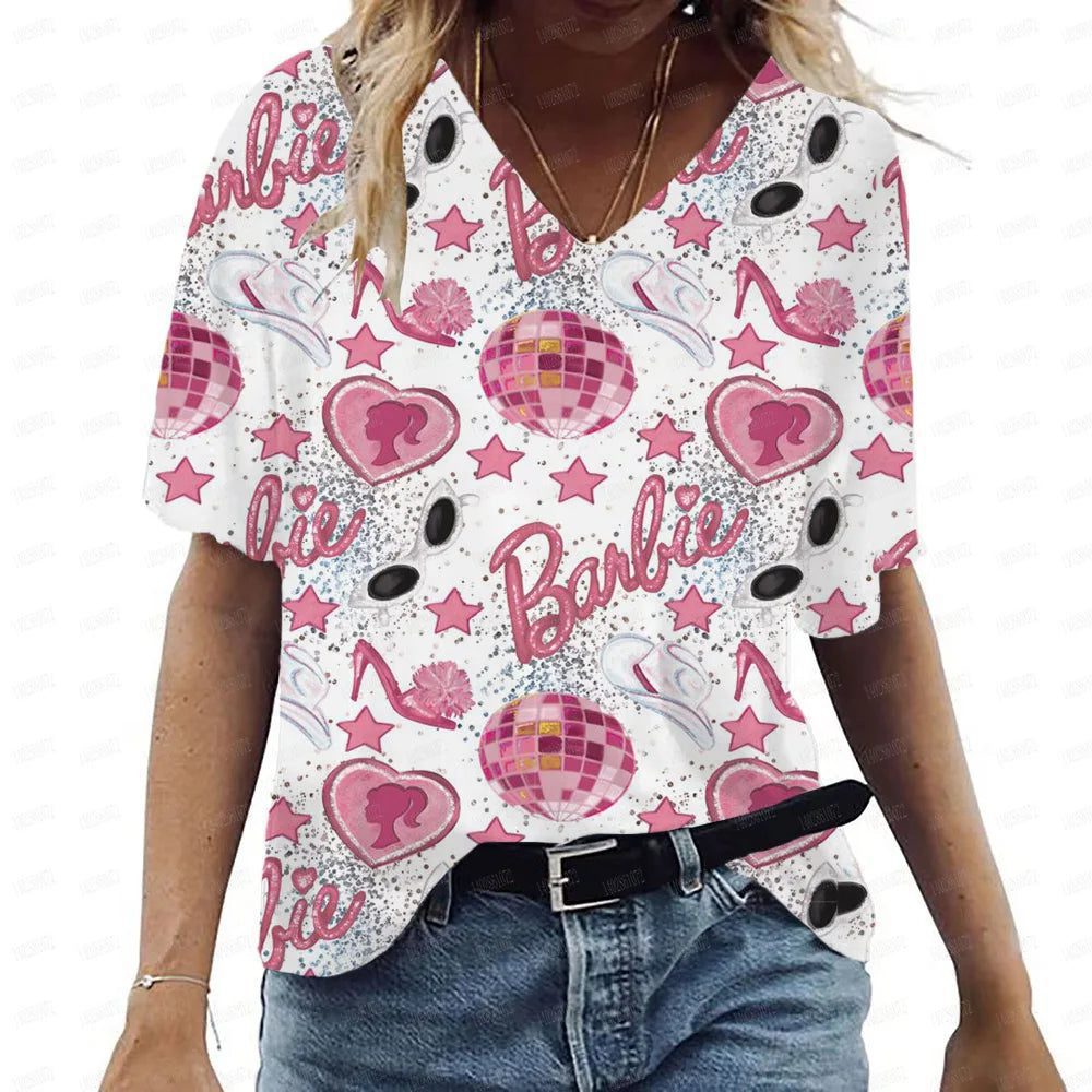 Pink V-Neck Casual T-Shirt for Women