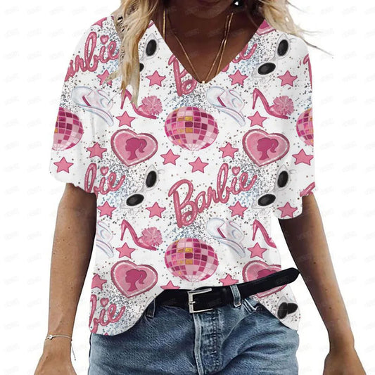 Pink V-Neck Casual T-Shirt for Women