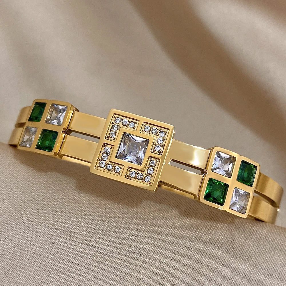 Luxury Waterproof Emerald Green Zircon Bangle Bracelet