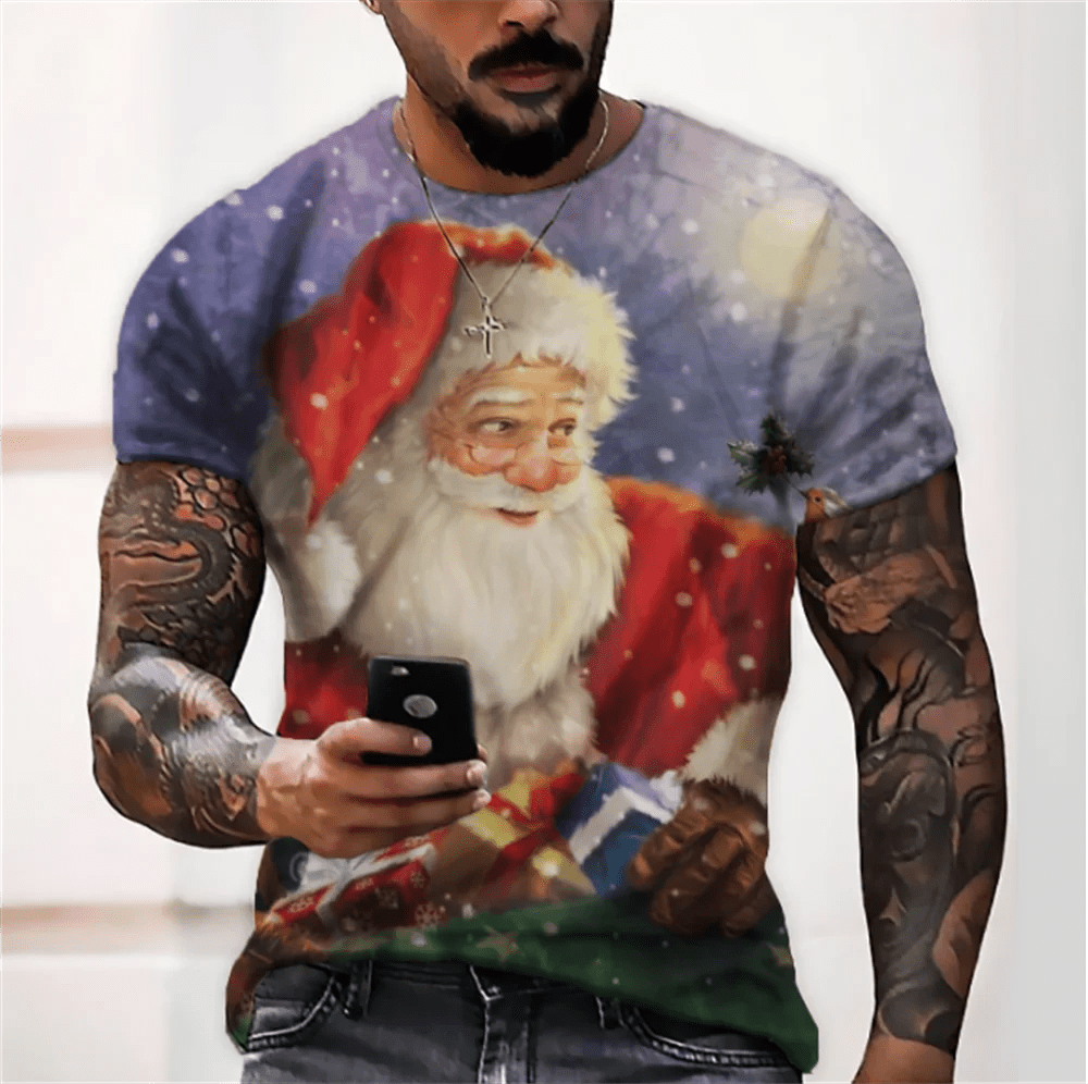 3D Santa Print Men's Christmas T-Shirt