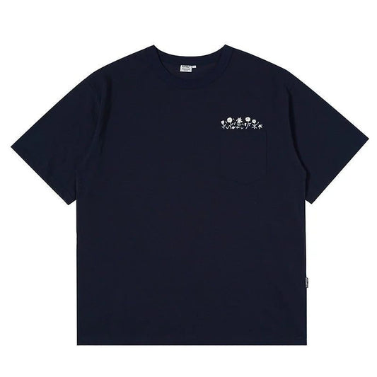 Men's Flower Embroidered Pocket T-Shirt - Streetwear