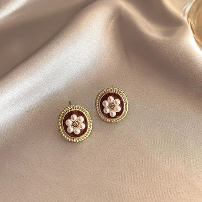 Vintage Wine Red Pearl Flower Earrings