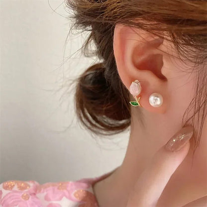 Elegant Pearl Tulip Flower Stud Earrings