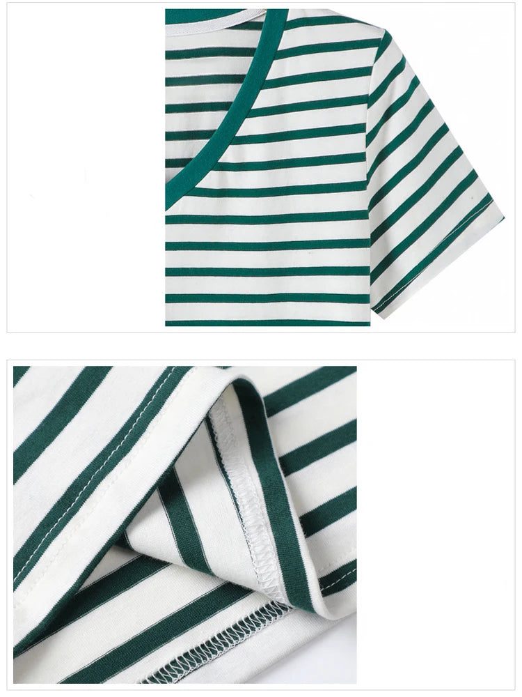 Women's Striped V-Neck Cotton Summer T-Shirt