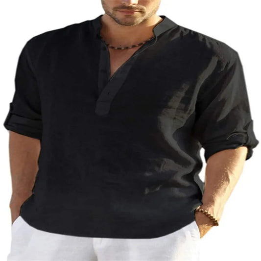 Men's V-Neck Cotton Linen Long Sleeve Shirt