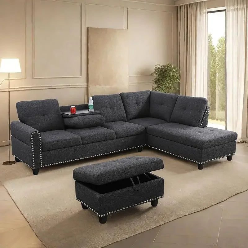 Modern L-Shaped Sofa with Ottoman for Living Room