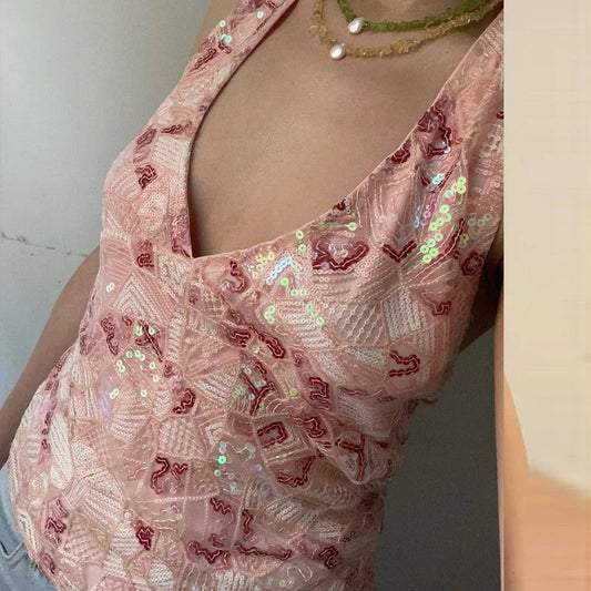 Sequin Beaded Halter Crop Top Women