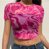 Pink Heart Print Mesh Crop Top Women