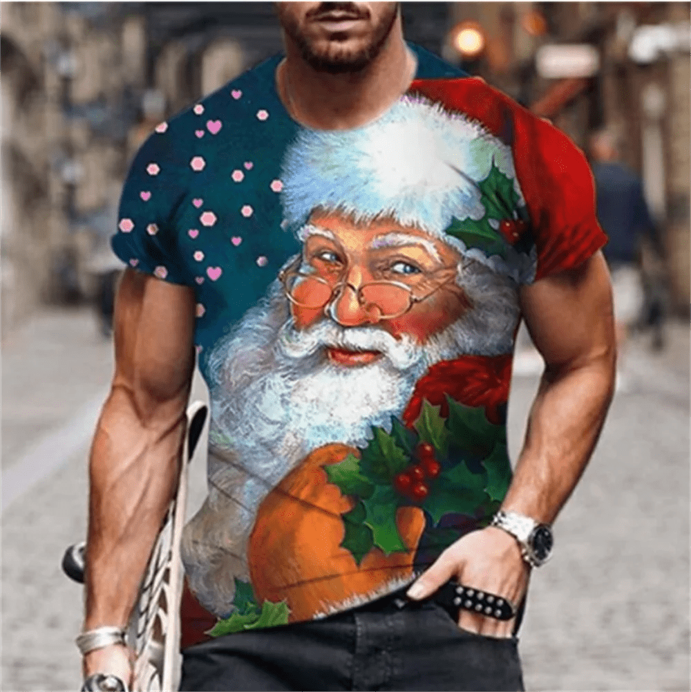 3D Santa Print Men's Christmas T-Shirt