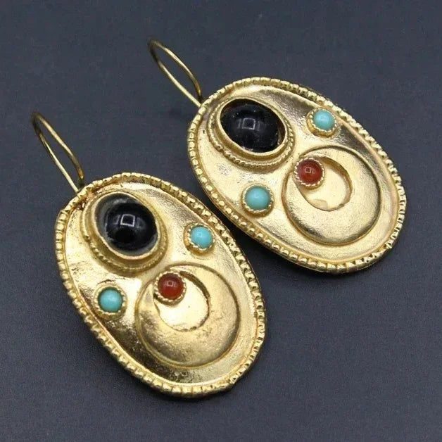 Vintage Gold Ornate Turquoise Earrings for Women