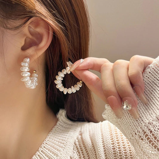 Trendy C-Shaped Pearl Hoop Earrings for Women