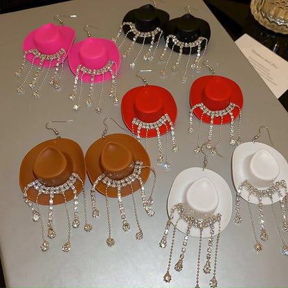 Shiny Rhinestone Cowboy Hat Dangle Earrings