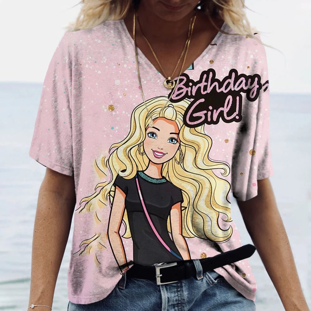 Vintage 3D Print V-Neck T-Shirt for Women