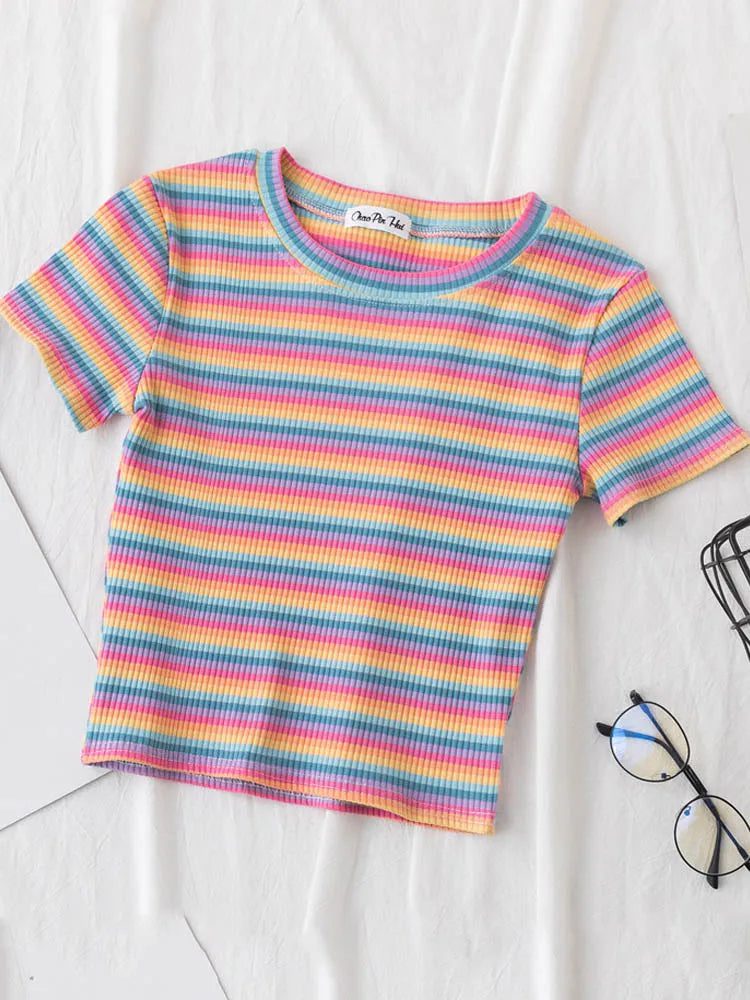 Summer Rainbow Striped Slim Fit T-Shirt
