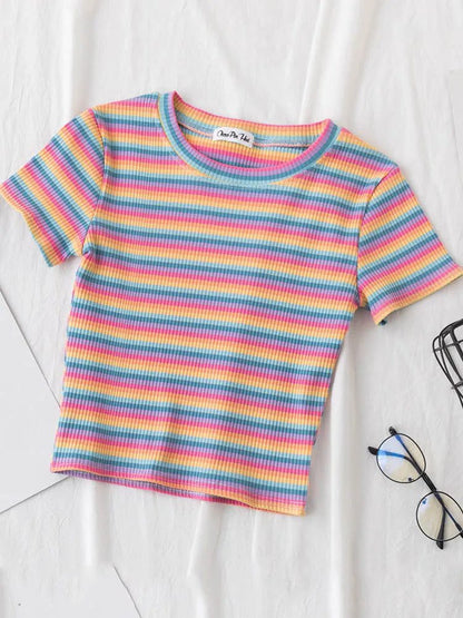 Summer Rainbow Striped Slim Fit T-Shirt