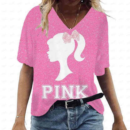 Pink V-Neck Casual T-Shirt for Women