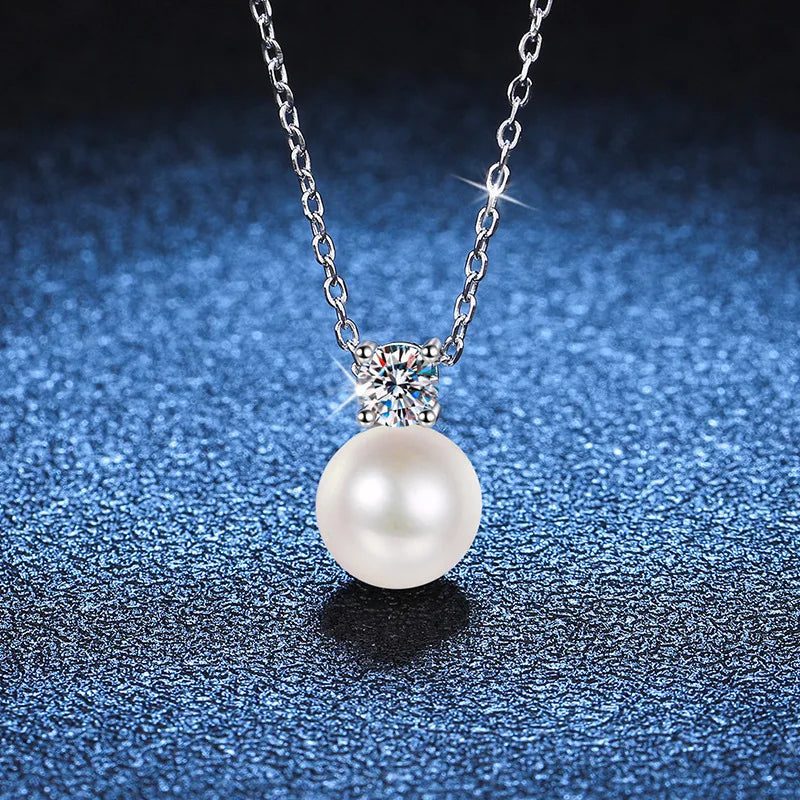 925 Sterling Silver Pearl Moissanite Pendant Necklace