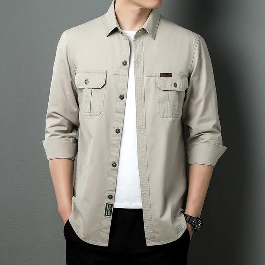 Men's Oversized Black Linen Tactical Shirt