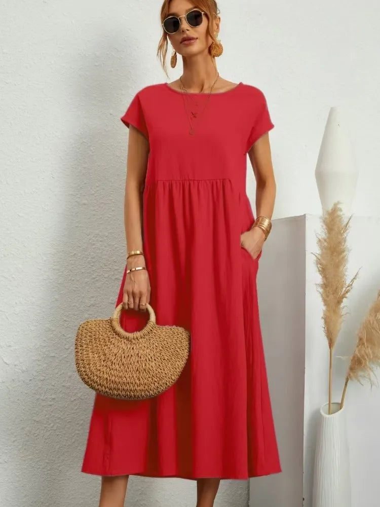 Casual Cotton Midi Dress with Pockets for Women