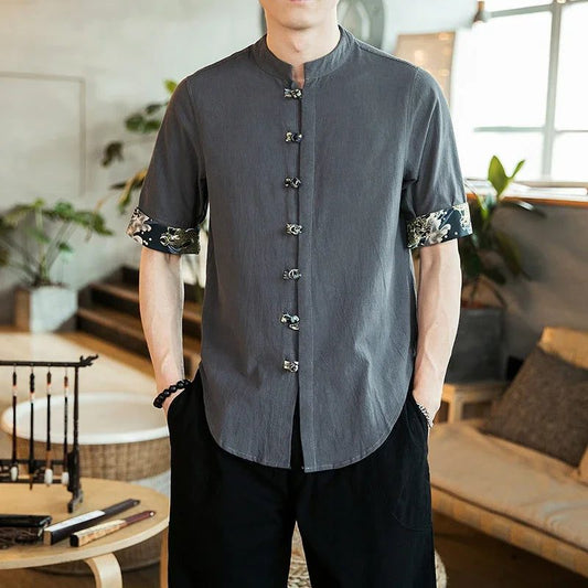 Men's Cotton Linen Medium Sleeve Button Shirt