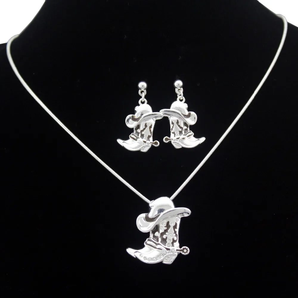 Western Cowgirl Hat Necklace Earring Jewelry Set