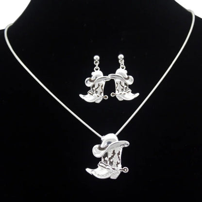 Western Cowgirl Hat Necklace Earring Jewelry Set
