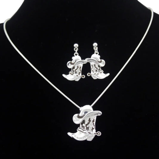 Western Cowgirl Hat Necklace Earring Jewelry Set