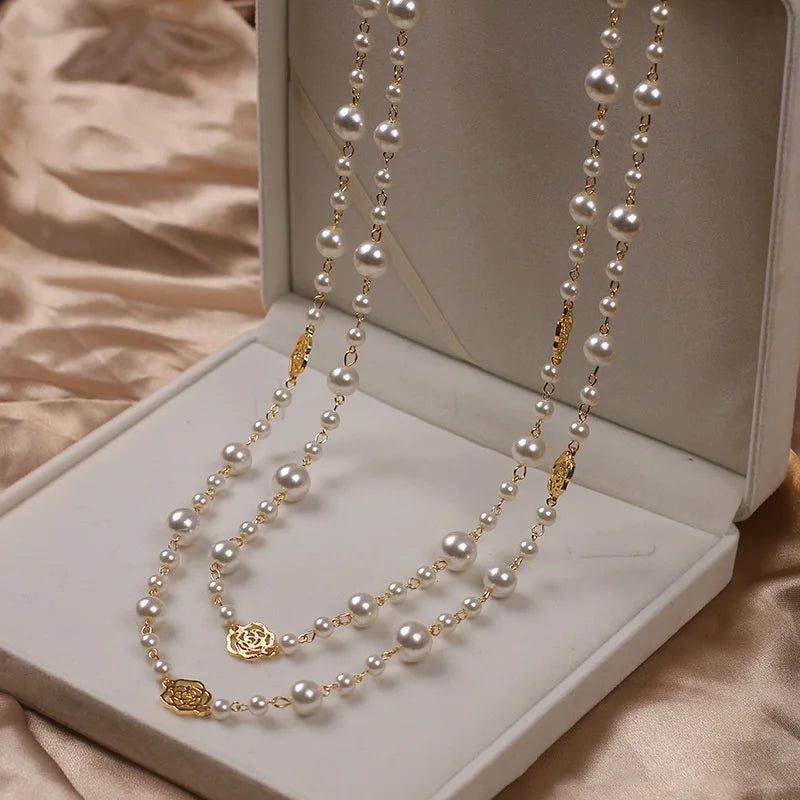 Elegant Vintage Camellia Pearl Long Necklace